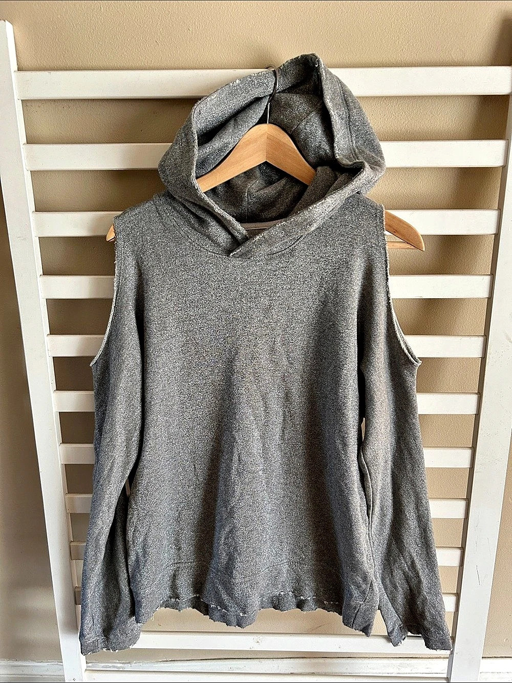 RtA Juno Hoodie Women S Silver Metallic Cold Shoulder Distressed Raw Hem